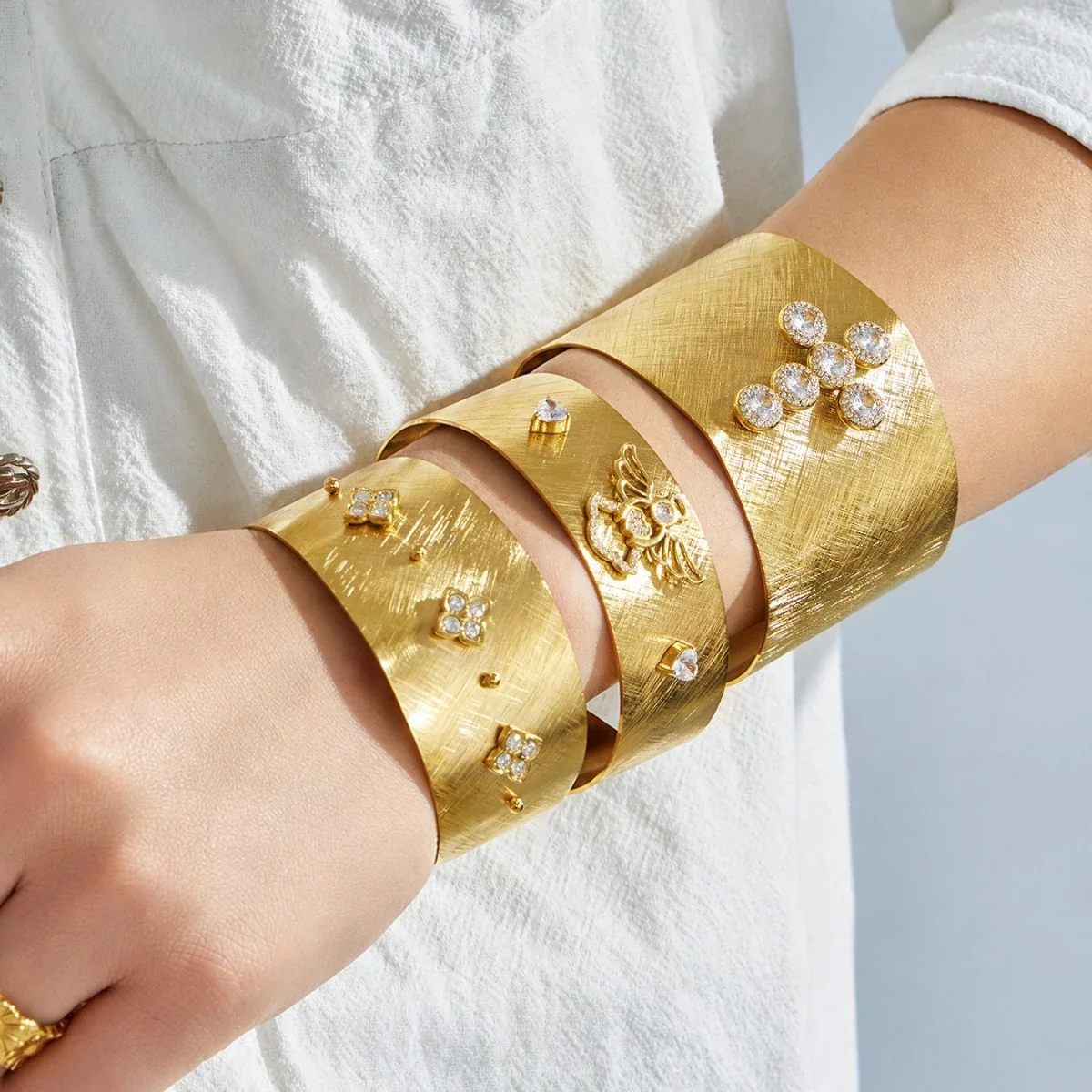 Bold Gold-Plated Brushed Wide Cubic Zirconia Bangle