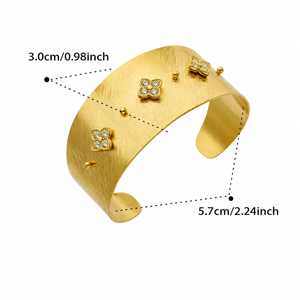 Bold Gold-Plated Brushed Wide Cubic Zirconia Bangle - Gold Clover Cubic Zirconia