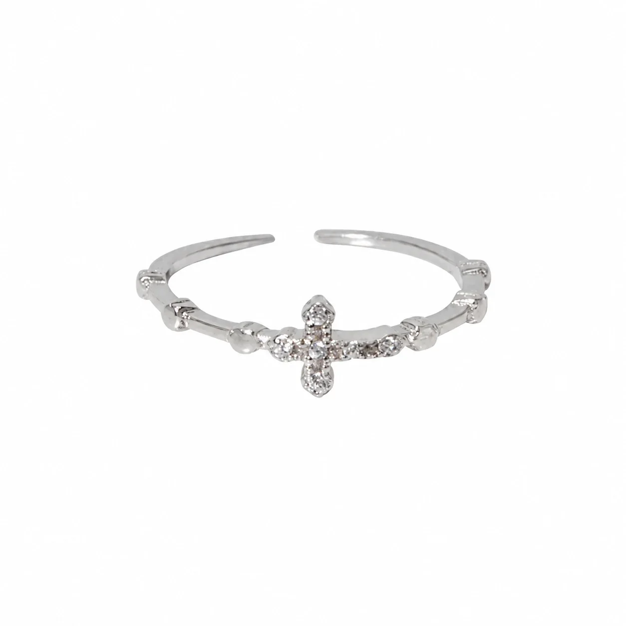 Delicate 925 Sterling Silver Cross and Stone Open Ring