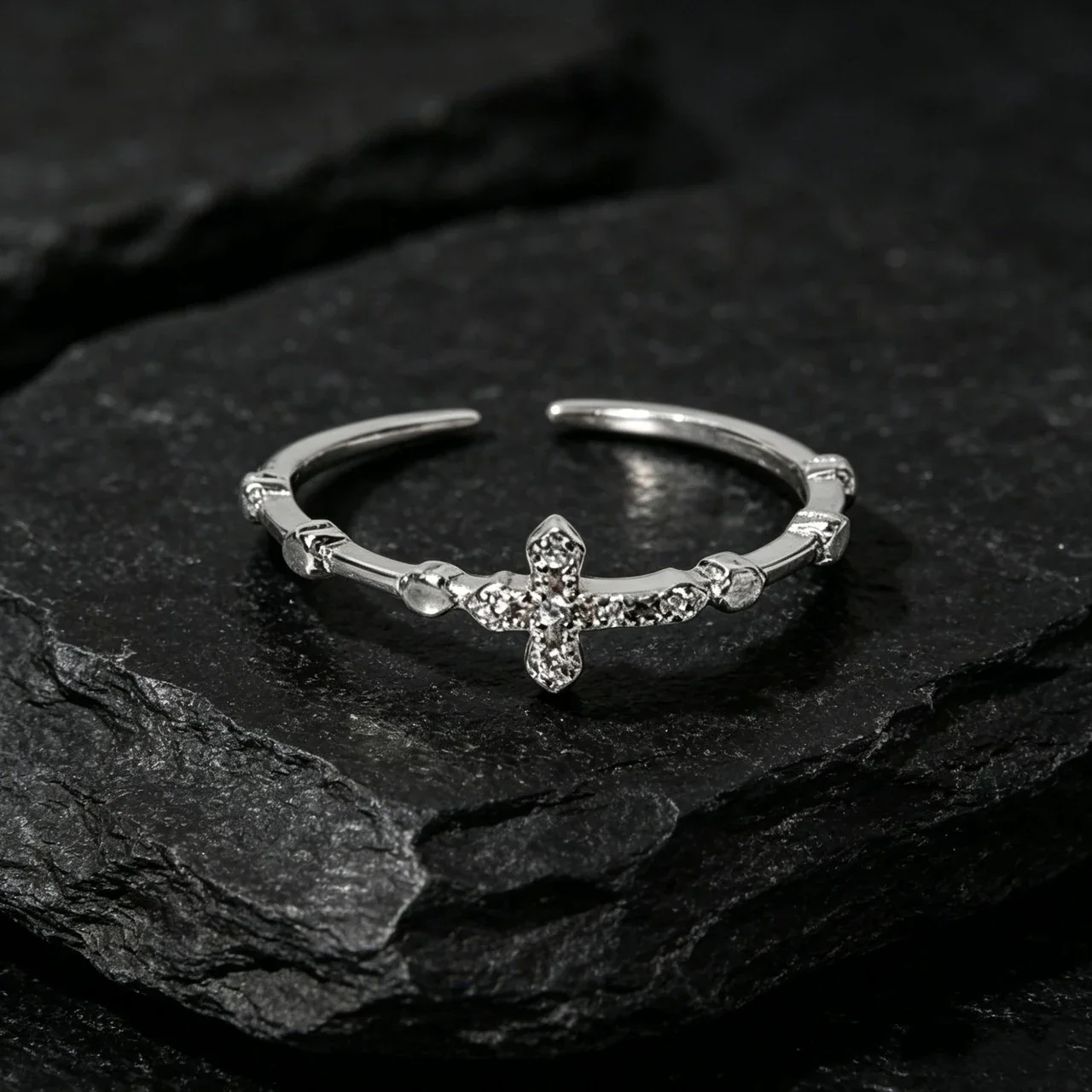Delicate 925 Sterling Silver Cross and Stone Open Ring