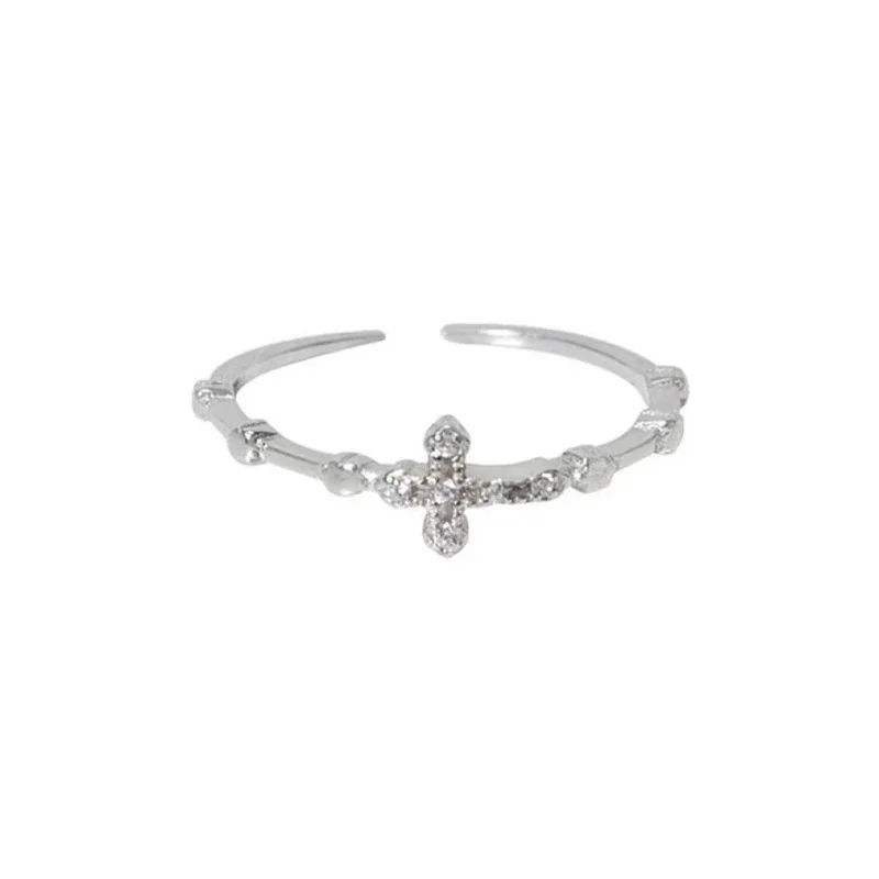 Delicate 925 Sterling Silver Cross and Stone Open Ring - Silver Cross