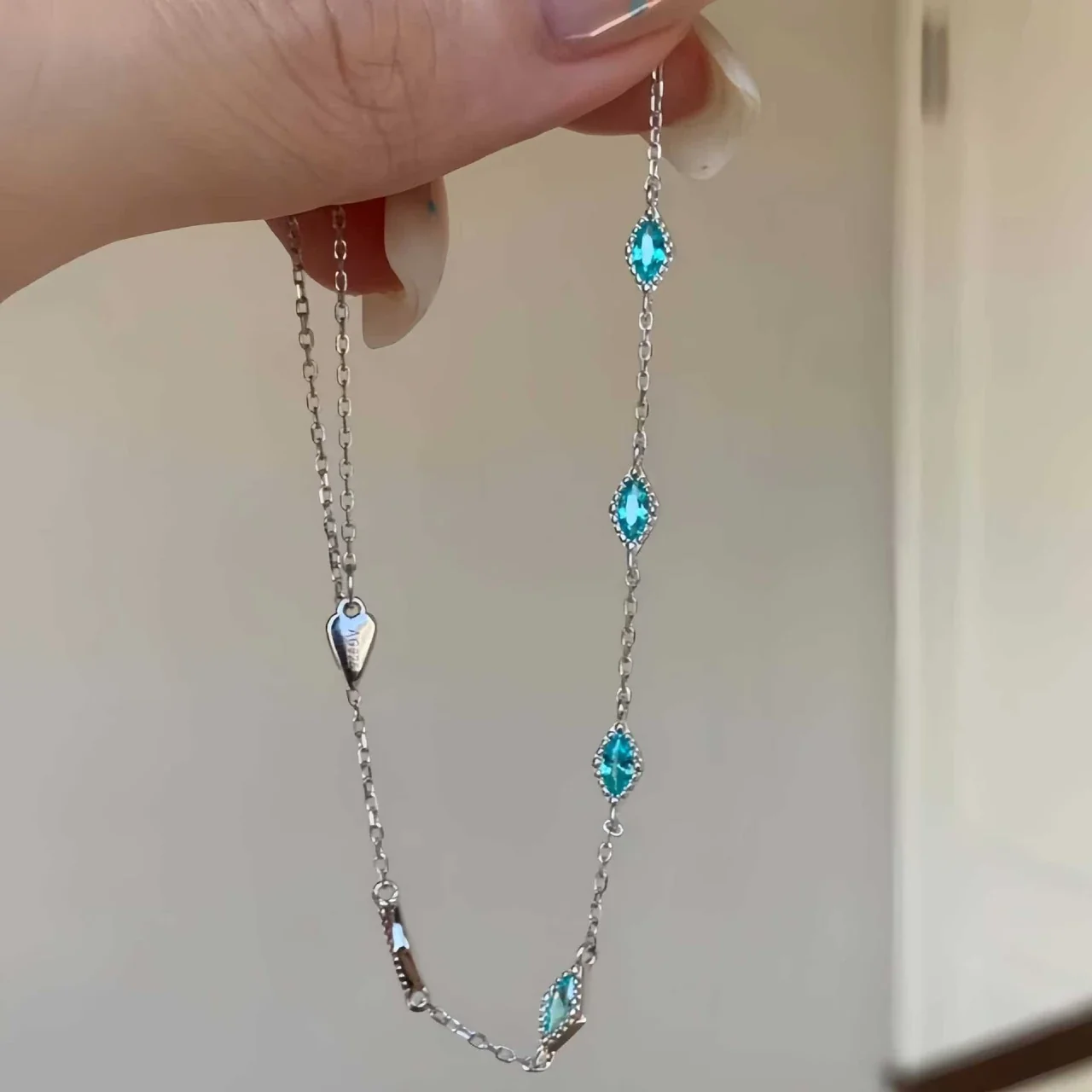 Marquise Stone Stone 925 Sterling Silver Chain Bracelet