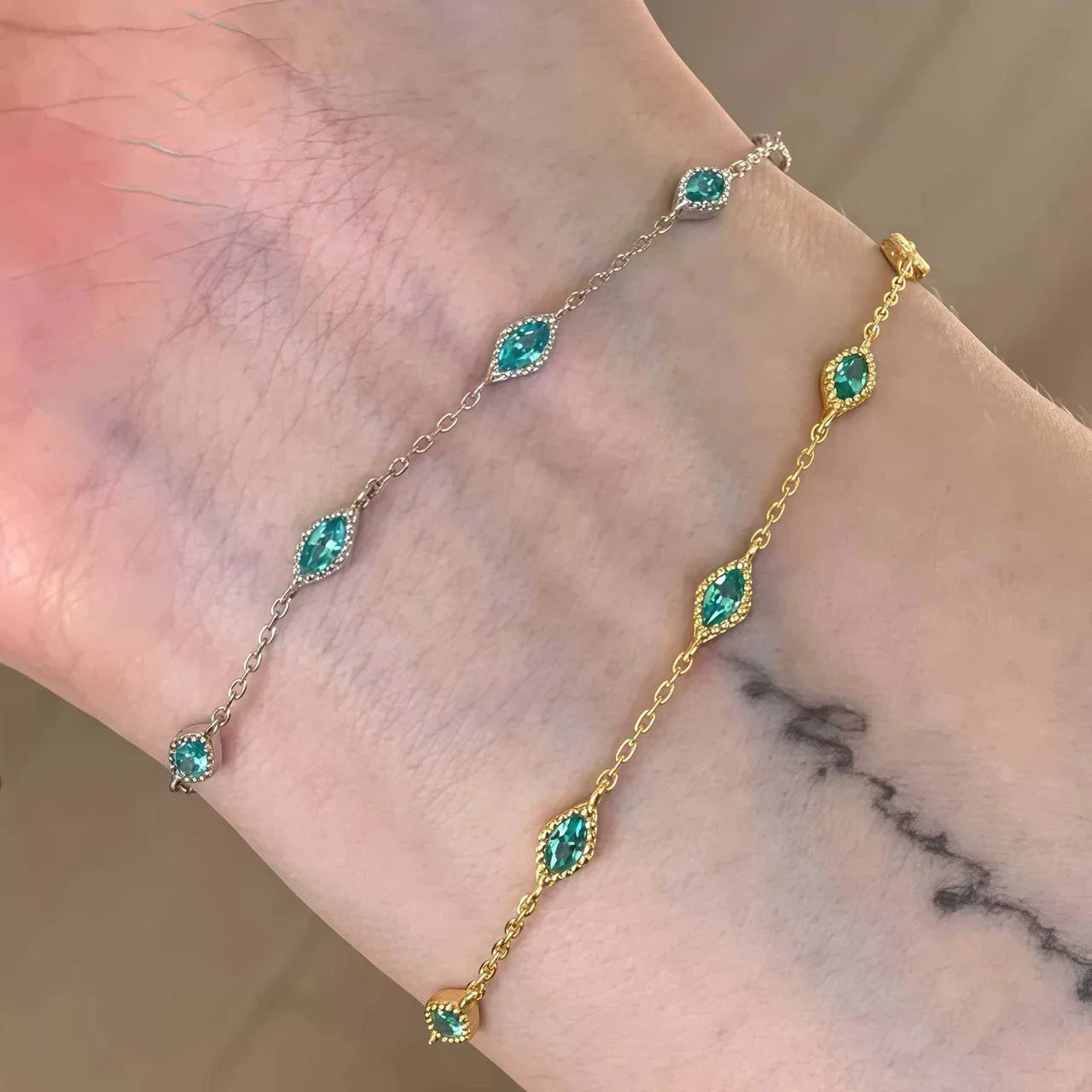 Marquise Stone Stone 925 Sterling Silver Chain Bracelet