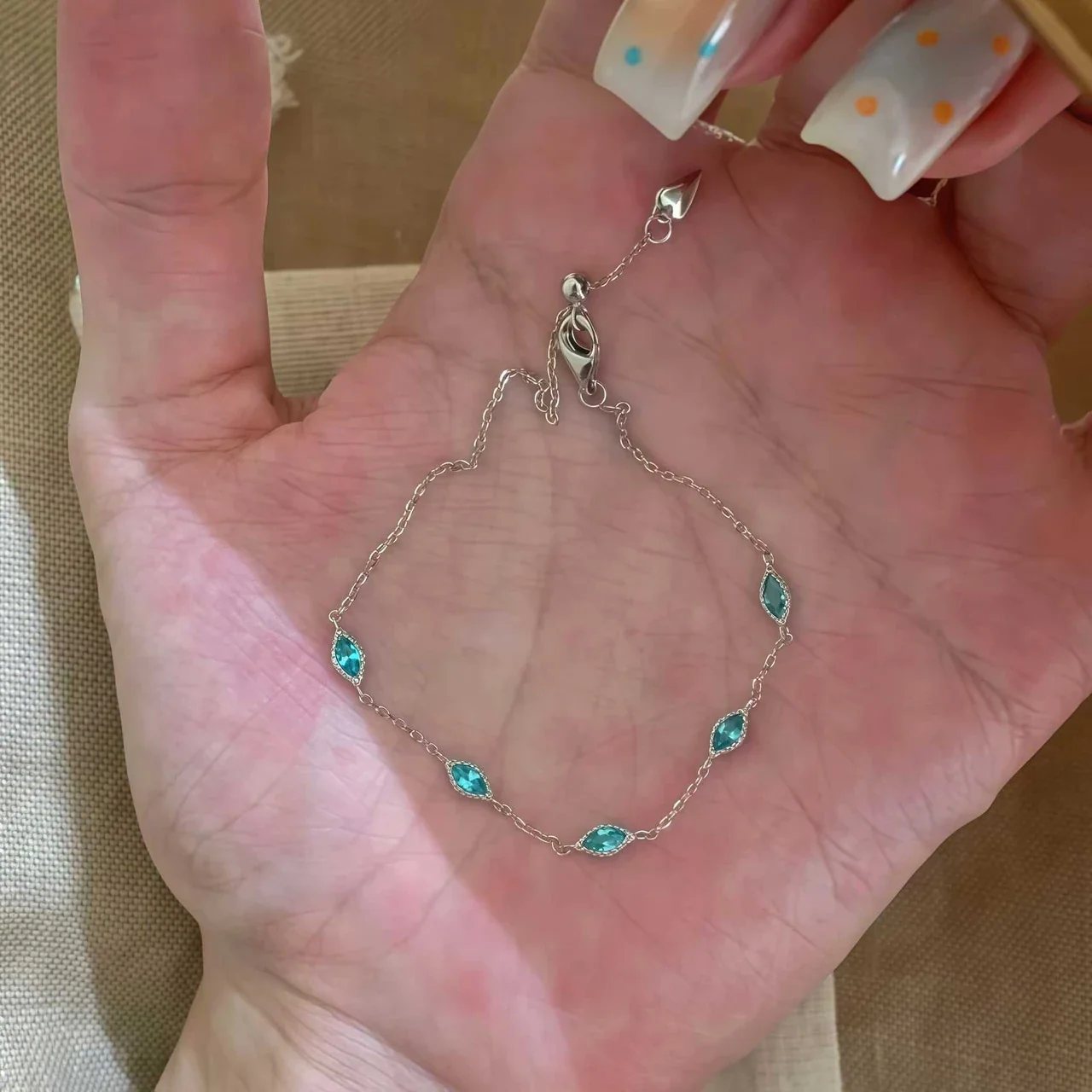 Marquise Stone Stone 925 Sterling Silver Chain Bracelet - Silver