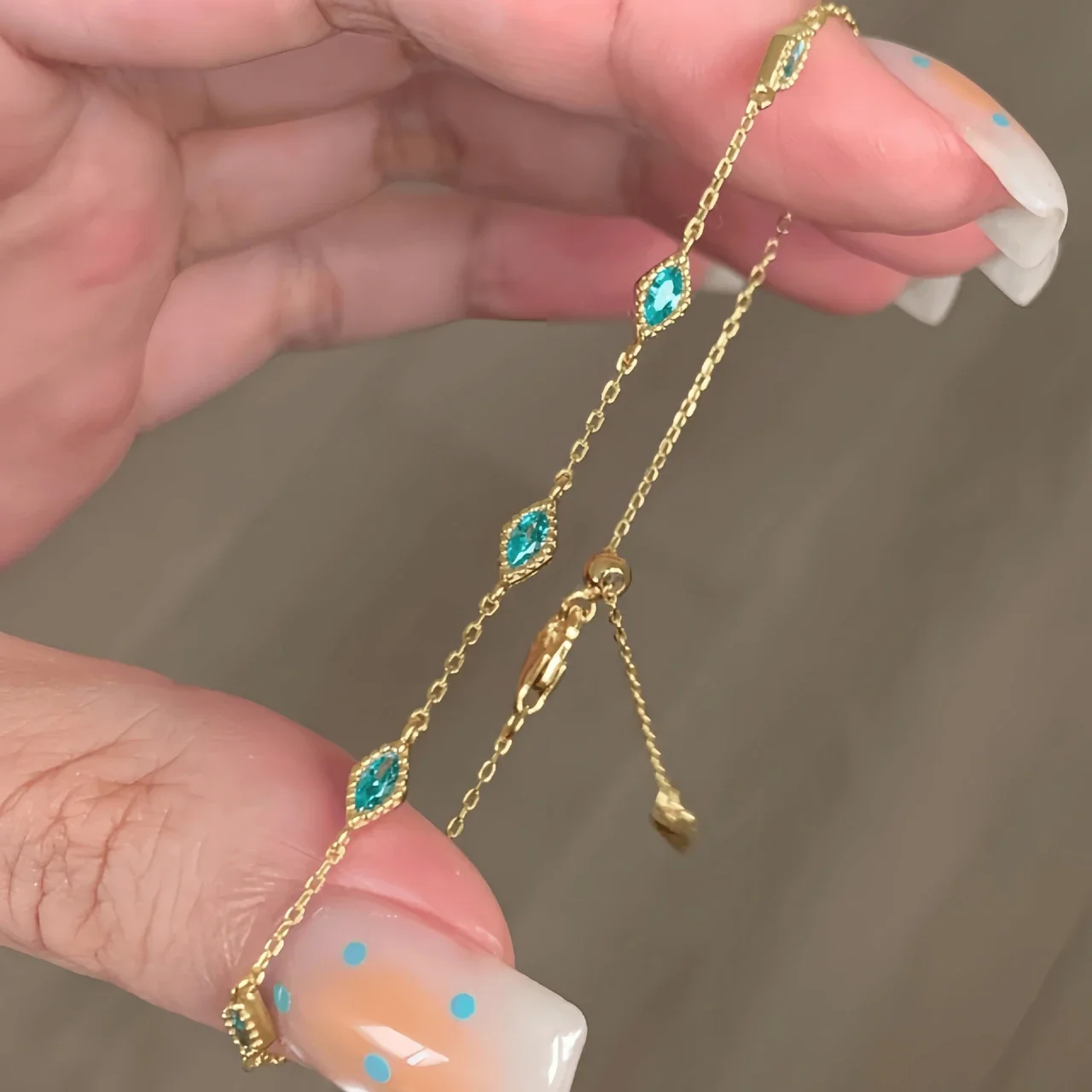Marquise Stone Stone 925 Sterling Silver Chain Bracelet - Gold
