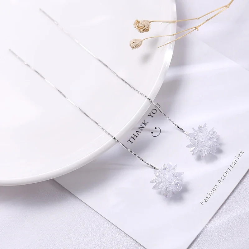 Faceted Snowflake Threader 925 Sterling Silver Earrings - Silver