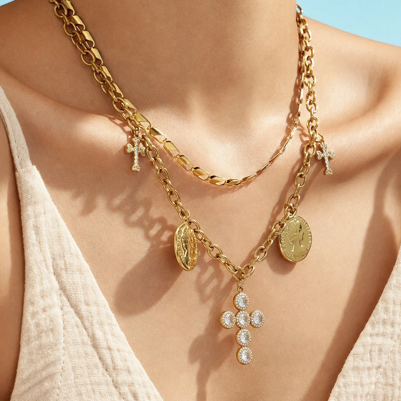 Ornate Stainless Steel Coin Cross Charm Necklace