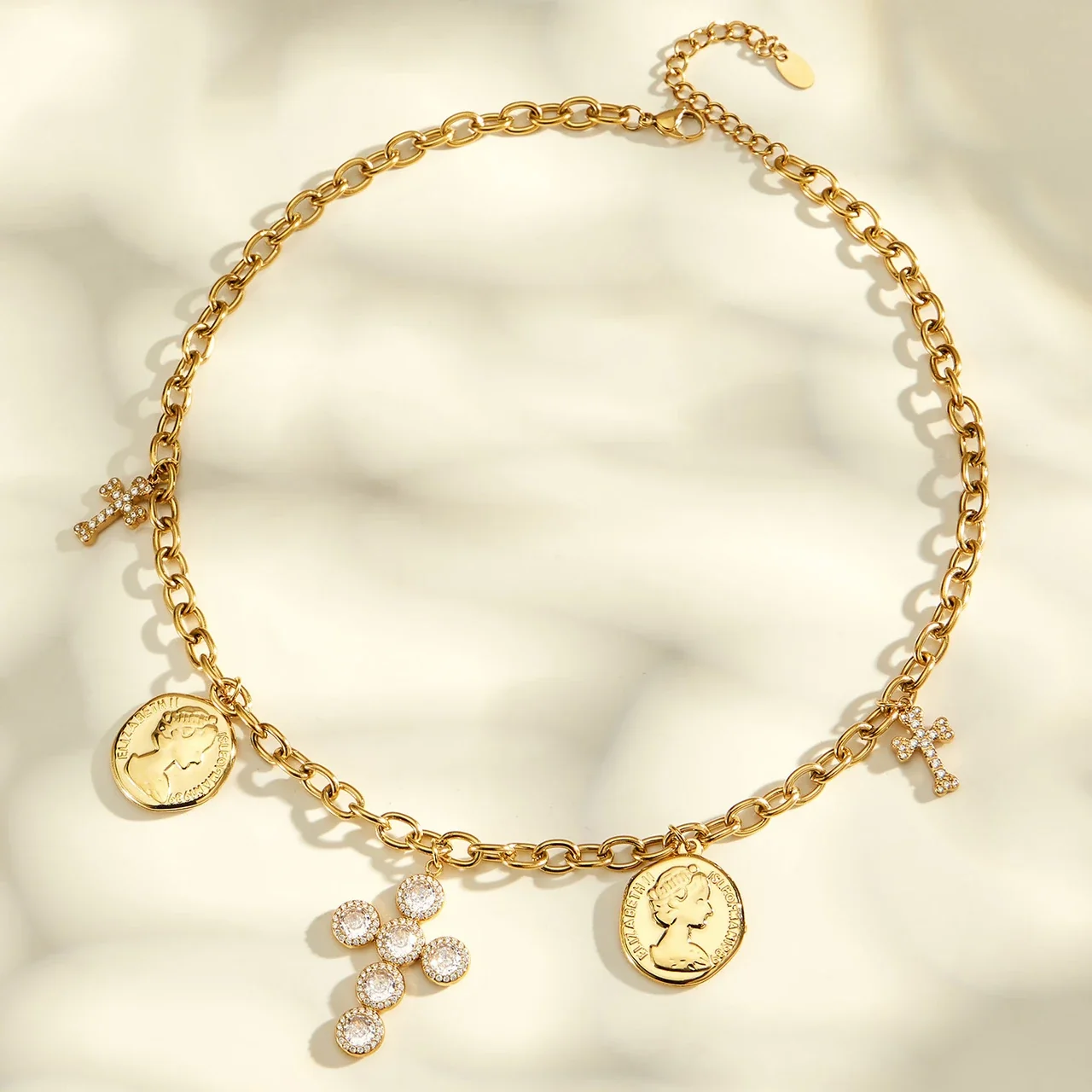Ornate Stainless Steel Coin Cross Charm Necklace