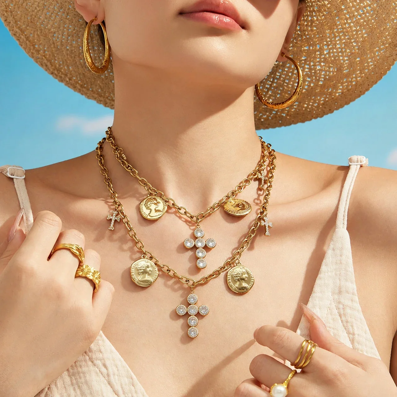 Ornate Stainless Steel Coin Cross Charm Necklace