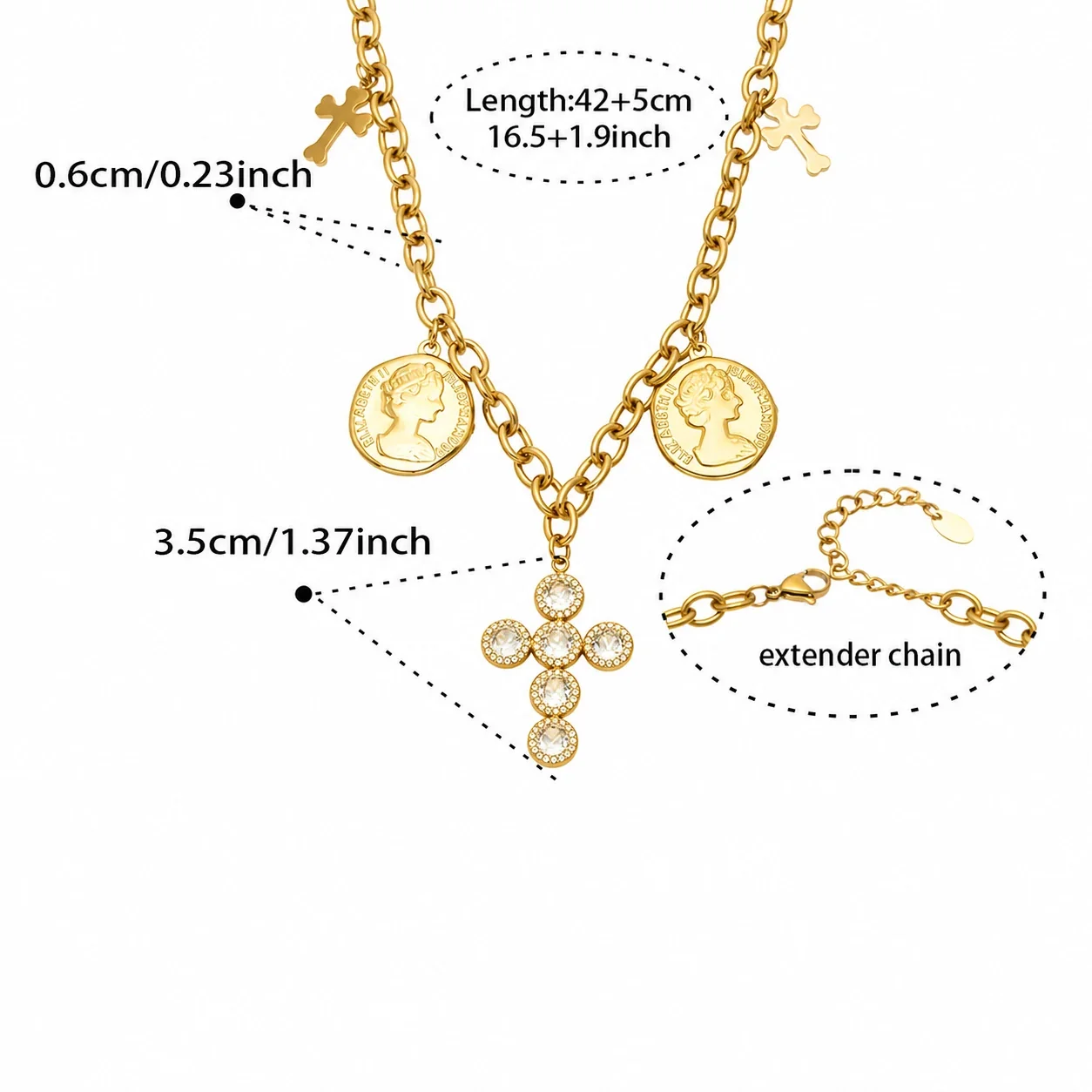 Ornate Stainless Steel Coin Cross Charm Necklace - Gold