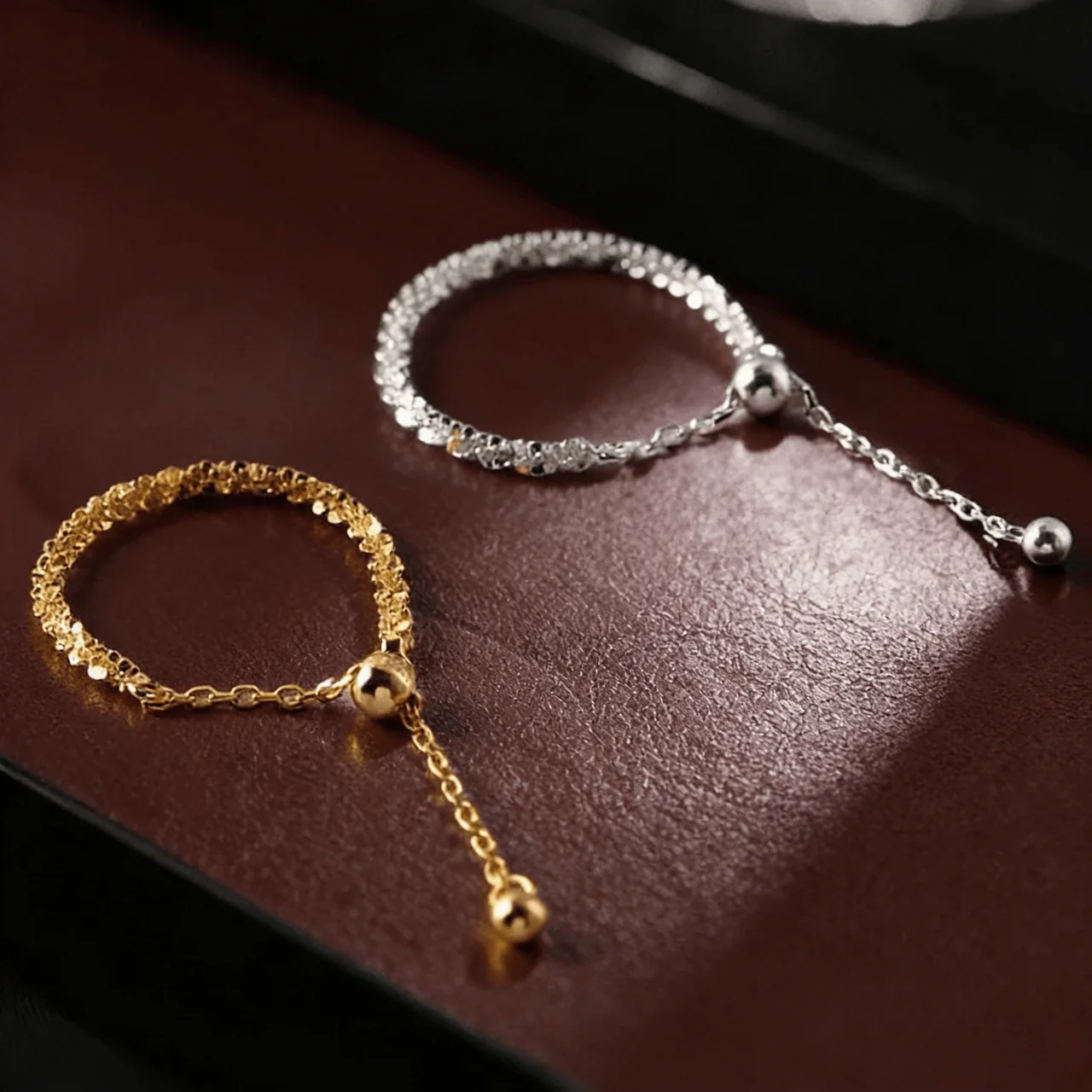 Glittering 925 Sterling Silver Bead Slider Chain Ring