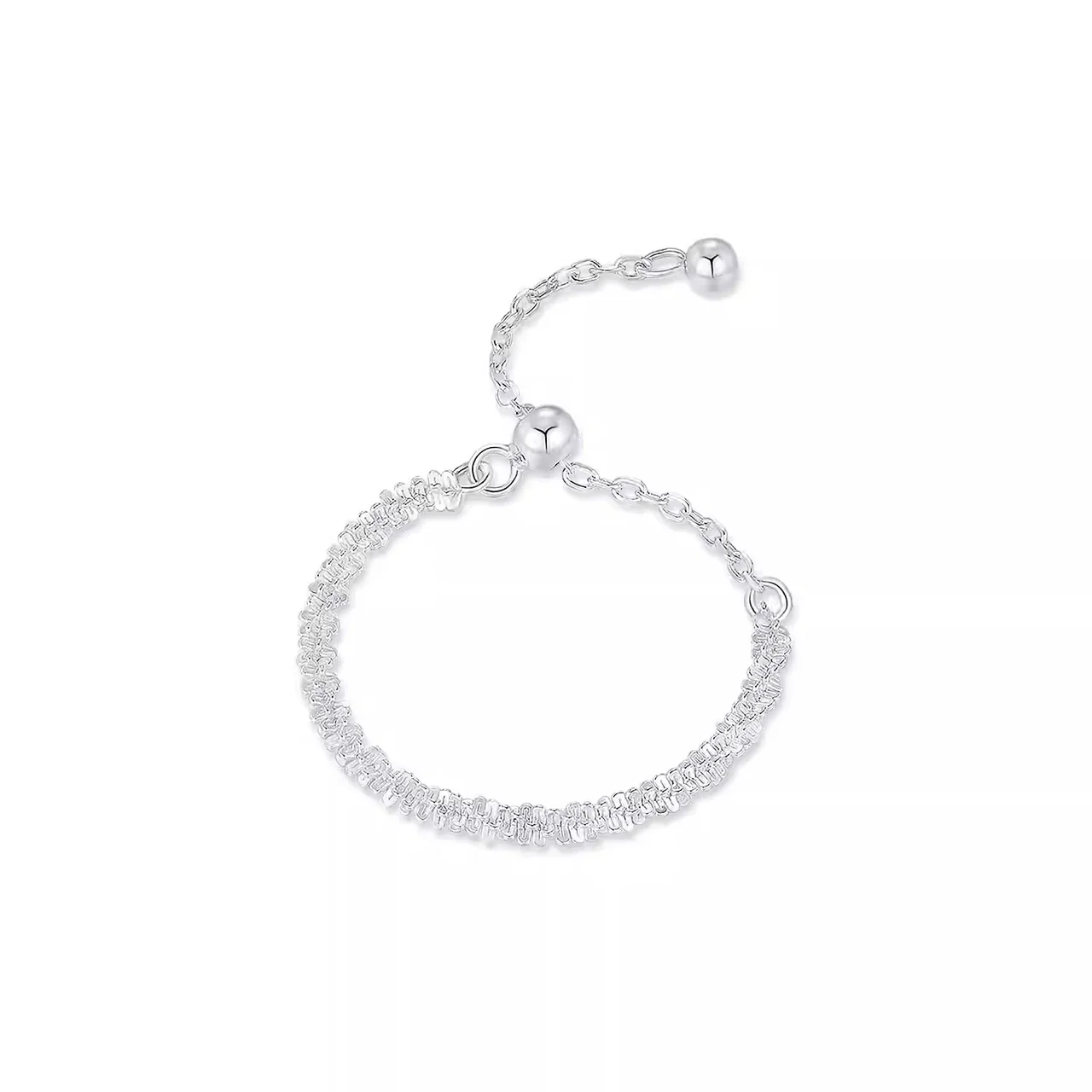 Glittering 925 Sterling Silver Bead Slider Chain Ring