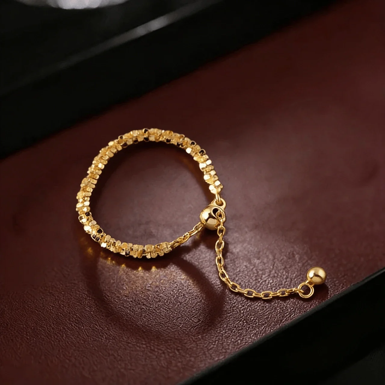 Glittering 925 Sterling Silver Bead Slider Chain Ring - Gold