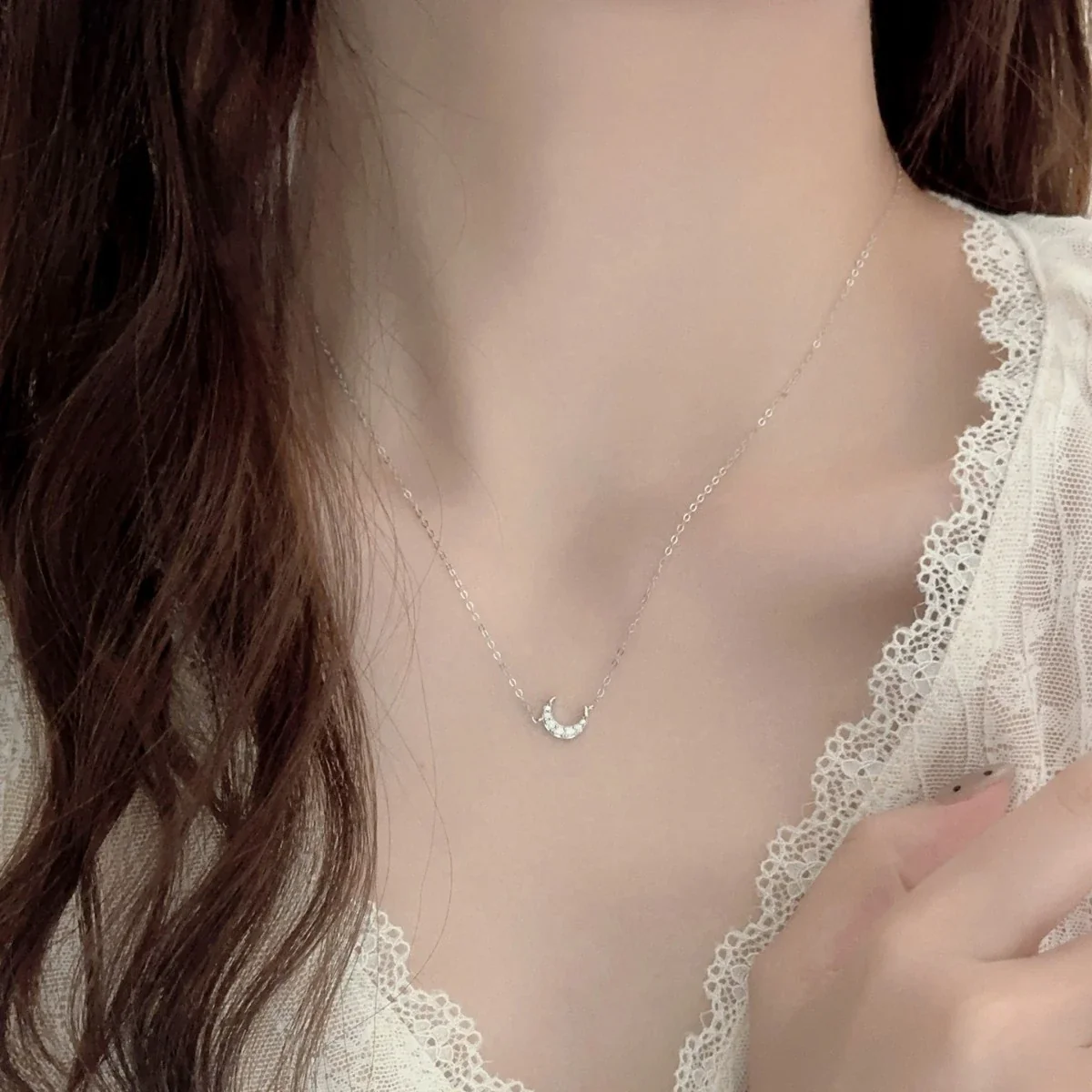 Dainty Crescent 925 Sterling Silver Pavé Crystal Necklace