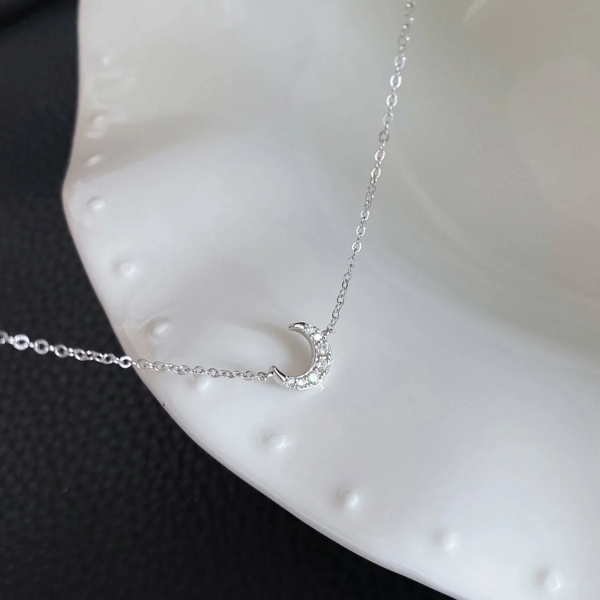 Dainty Crescent 925 Sterling Silver Pavé Crystal Necklace