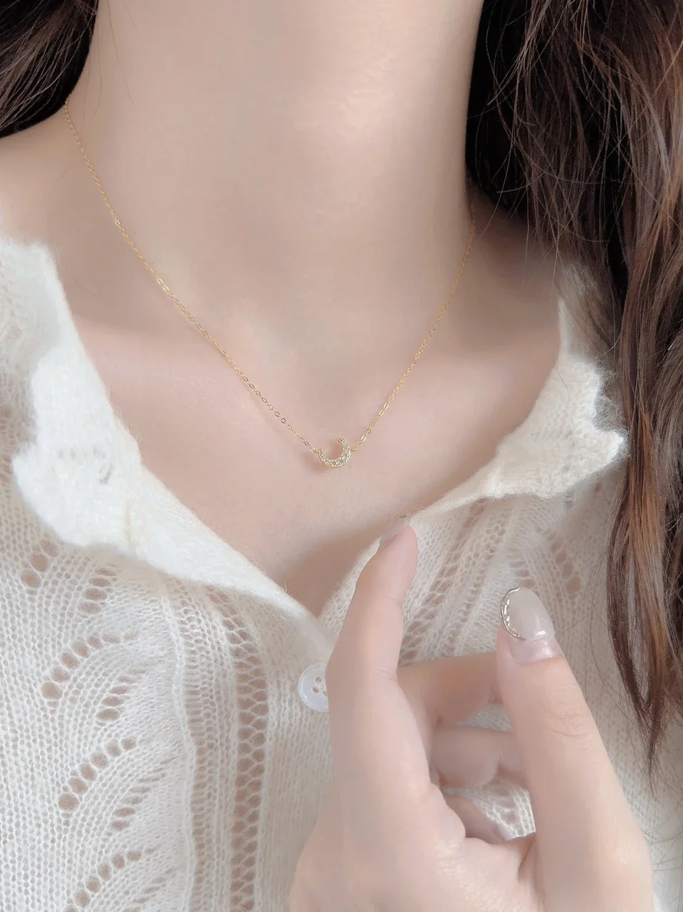 Dainty Crescent 925 Sterling Silver Pavé Crystal Necklace - Gold