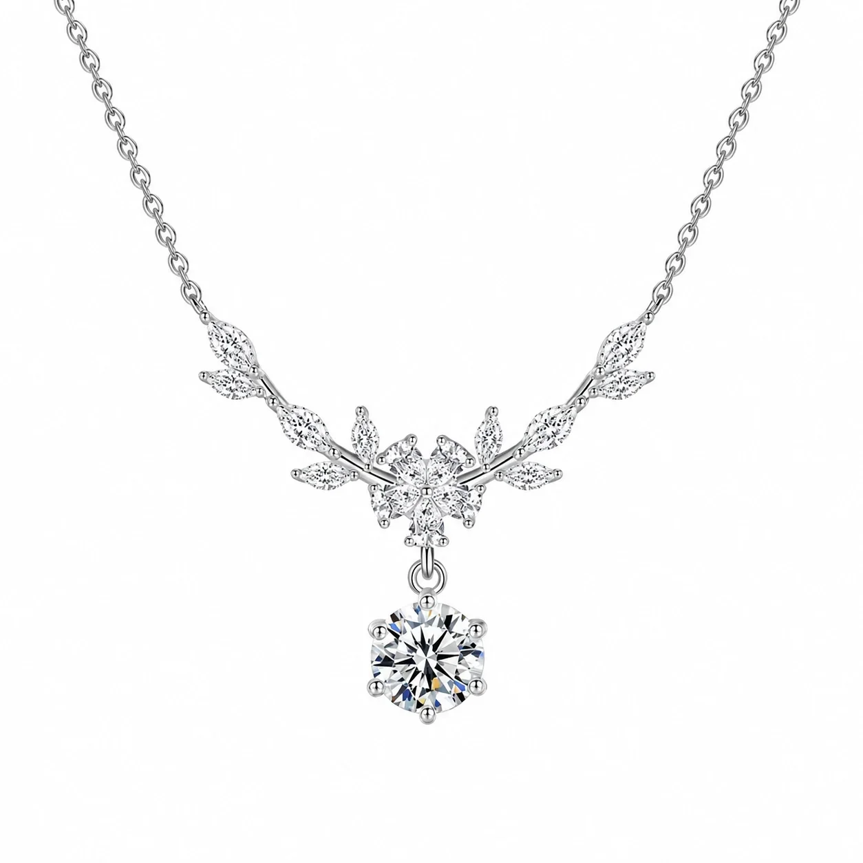 Botanical 925 Sterling Silver Marquise Flower Moissanite Necklace