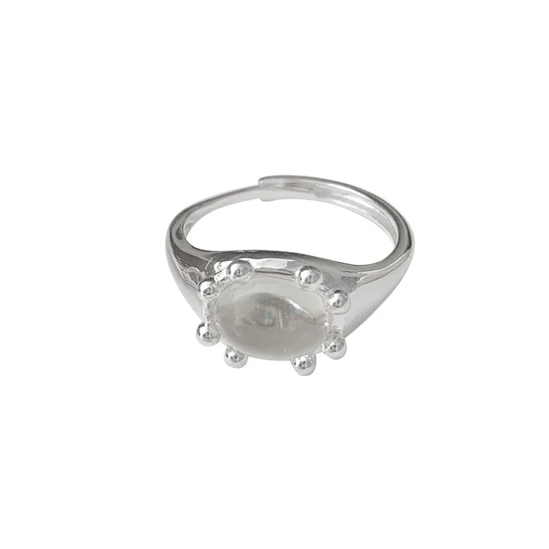Crab-Inspired 925 Sterling Silver Oval Beaded-Prong Open Ring