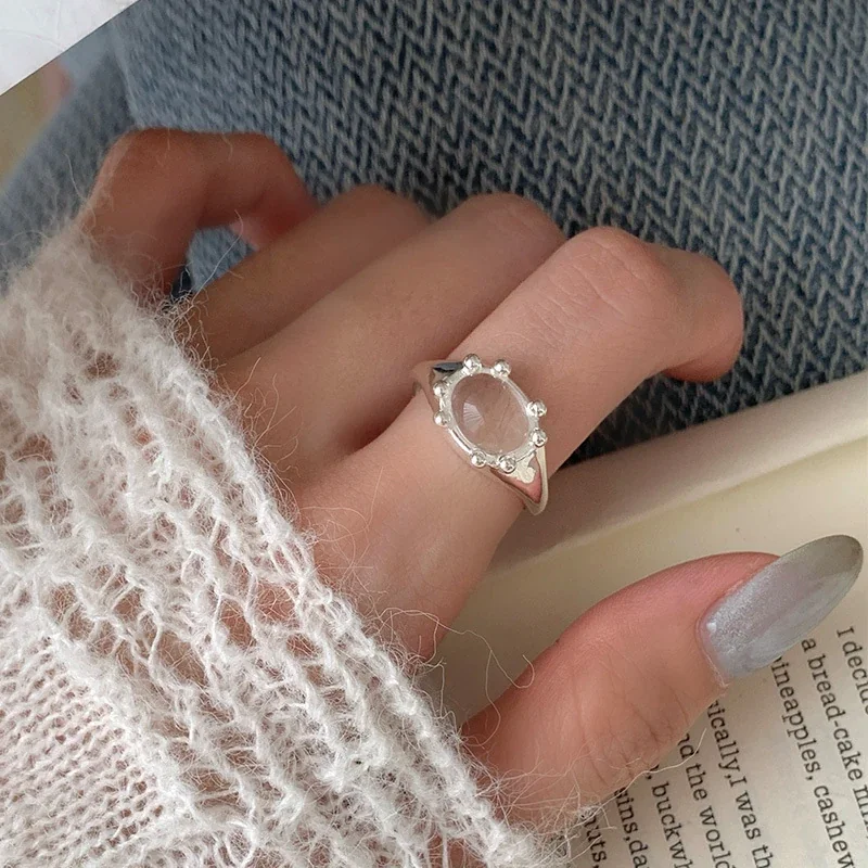 Crab-Inspired 925 Sterling Silver Oval Beaded-Prong Open Ring