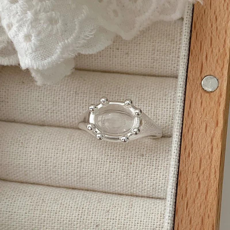 Crab-Inspired 925 Sterling Silver Oval Beaded-Prong Open Ring - White
