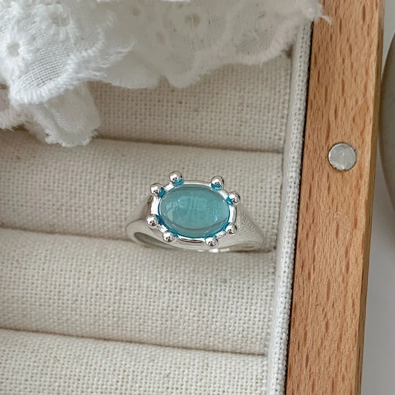 Crab-Inspired 925 Sterling Silver Oval Beaded-Prong Open Ring - Blue