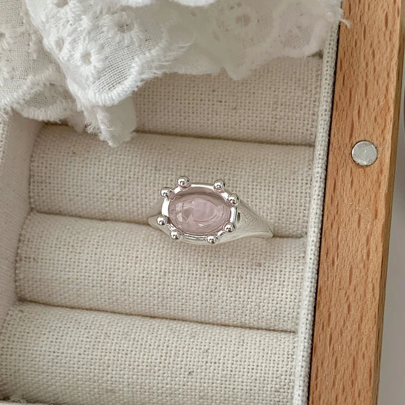 Crab-Inspired 925 Sterling Silver Oval Beaded-Prong Open Ring - Pink