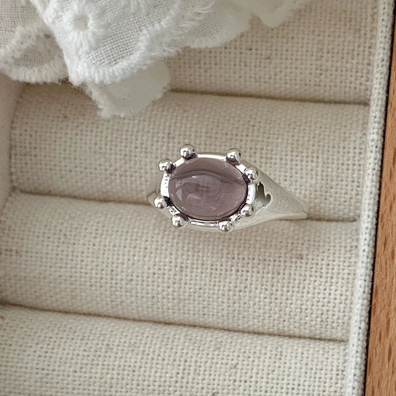 Crab-Inspired 925 Sterling Silver Oval Beaded-Prong Open Ring - Purple