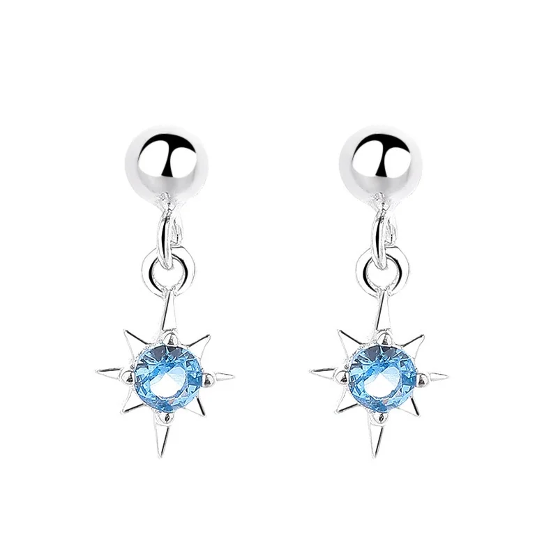 Celestial 925 Sterling Silver Blue CZ Eight-Point Star Drop Earrings
