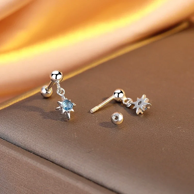 Celestial 925 Sterling Silver Blue CZ Eight-Point Star Drop Earrings
