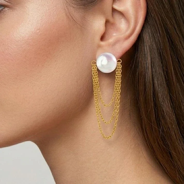 Lustrous Gold-Plated Stainless Steel Pearl Chain Drop Earrings