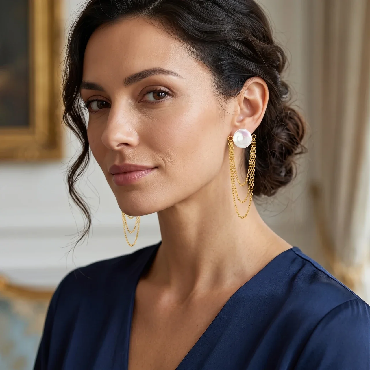 Lustrous Gold-Plated Stainless Steel Pearl Chain Drop Earrings
