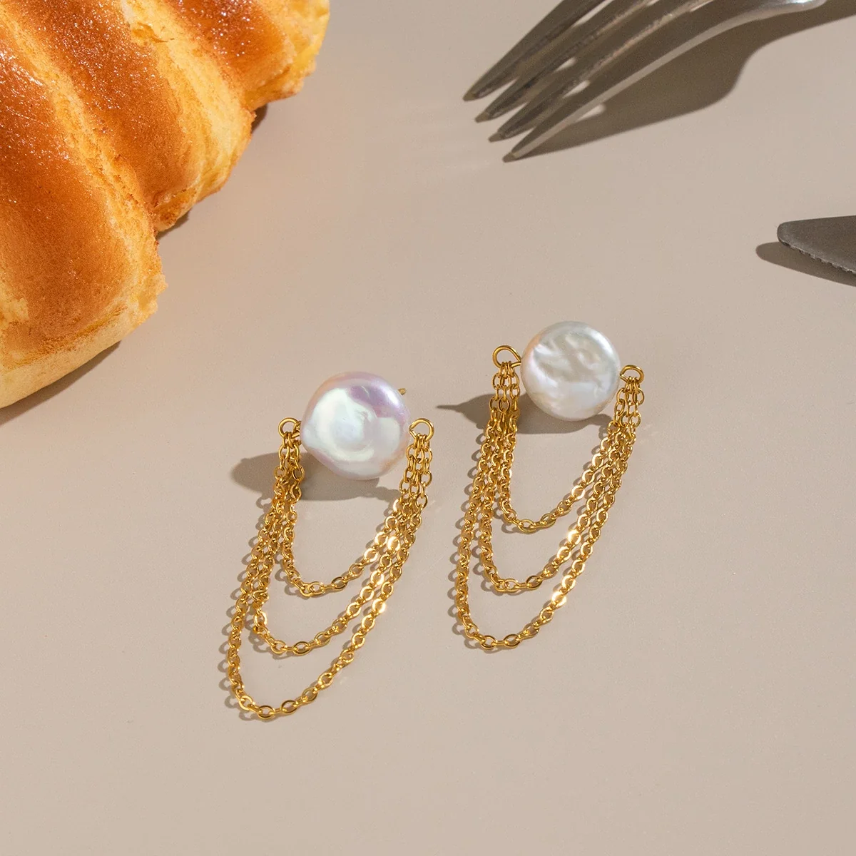 Lustrous Gold-Plated Stainless Steel Pearl Chain Drop Earrings