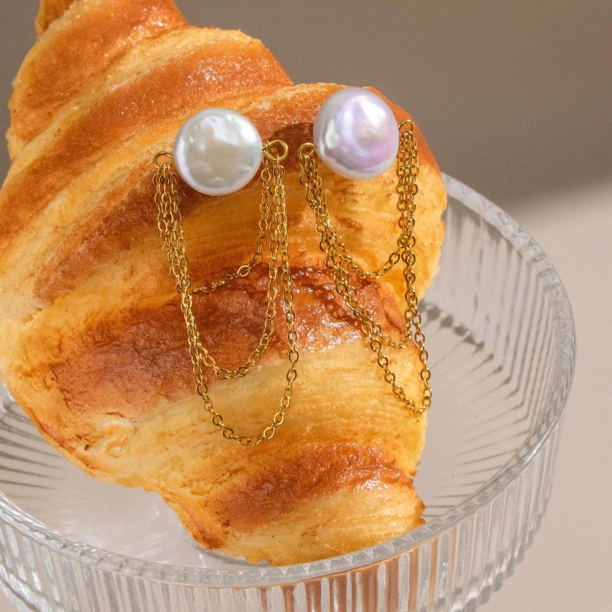 Lustrous Gold-Plated Stainless Steel Pearl Chain Drop Earrings