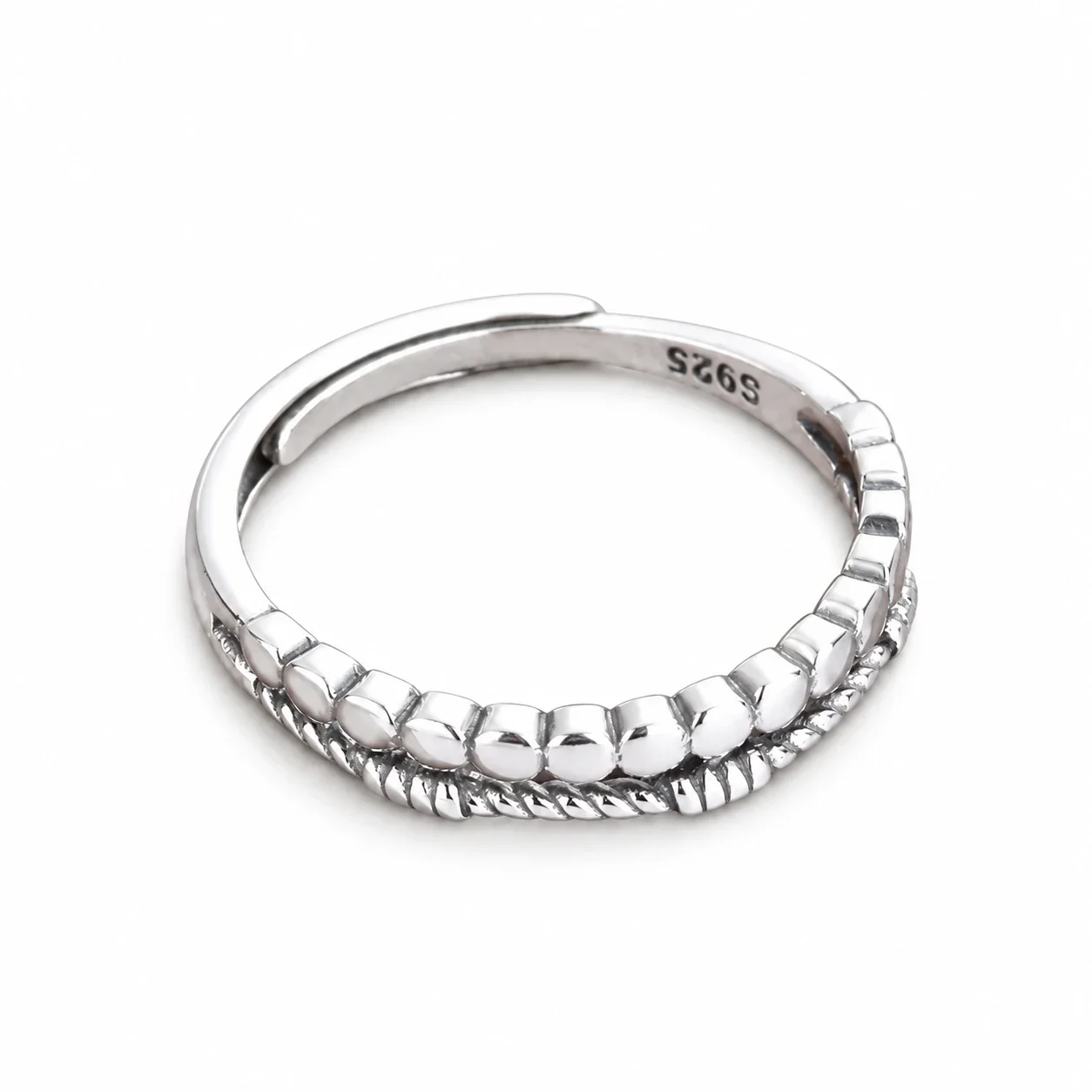 Textured 925 Sterling Silver Beaded Rope Open Ring