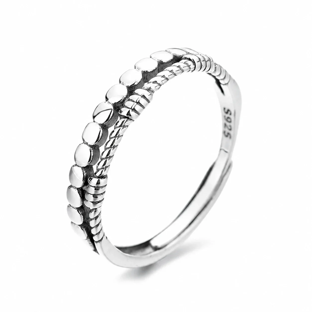 Textured 925 Sterling Silver Beaded Rope Open Ring - Standard