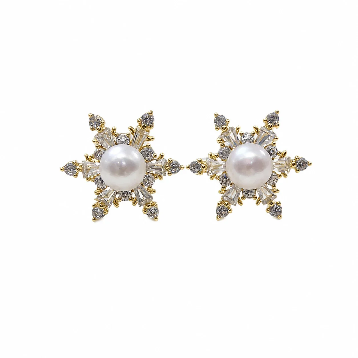 Radiant Gold-Plated Snowflake Baguette Pearl Stud Earrings