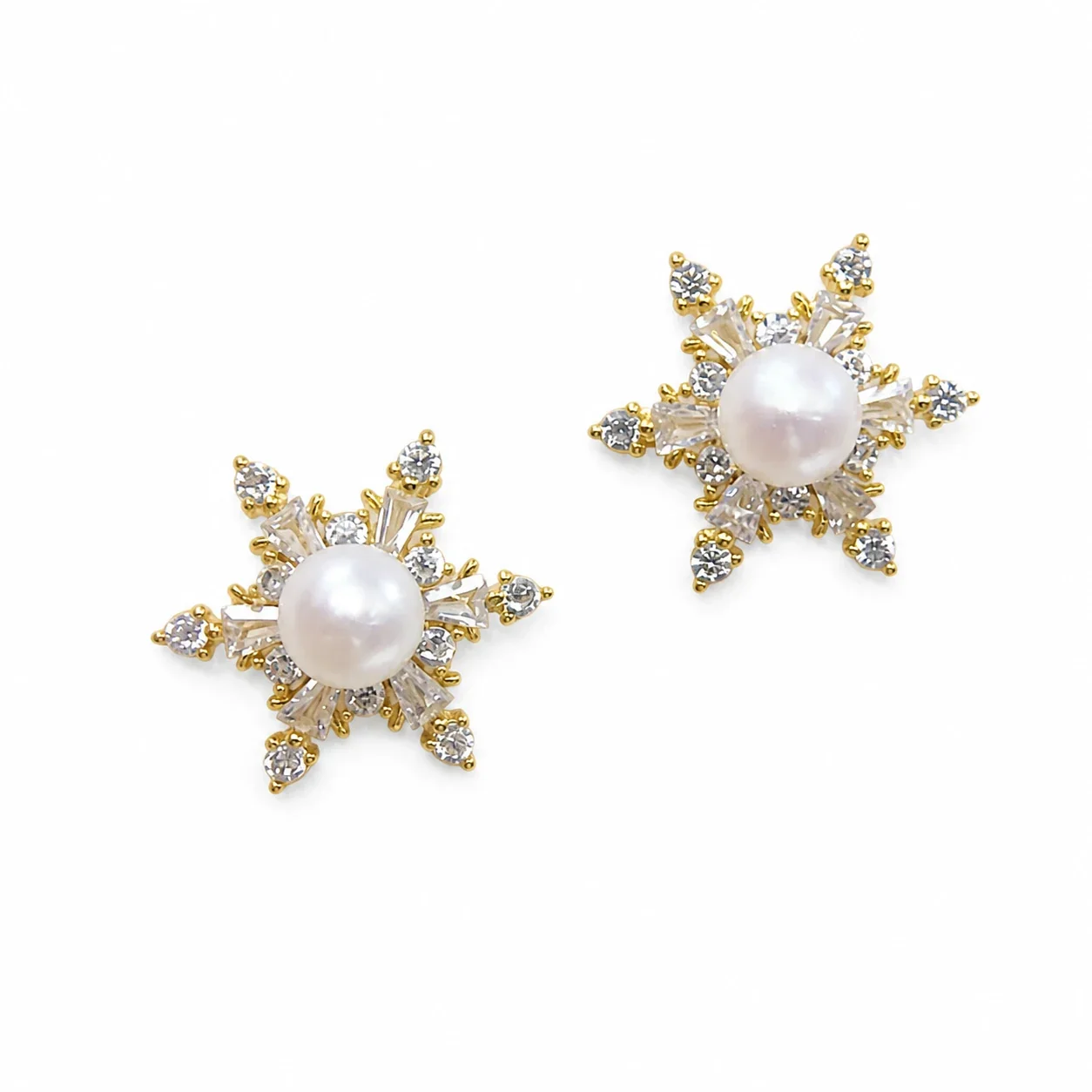 Radiant Gold-Plated Snowflake Baguette Pearl Stud Earrings