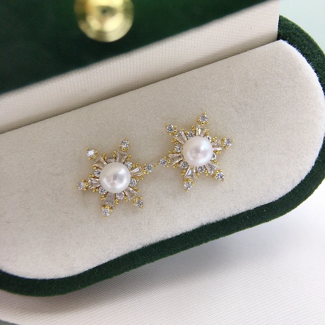 Radiant Gold-Plated Snowflake Baguette Pearl Stud Earrings