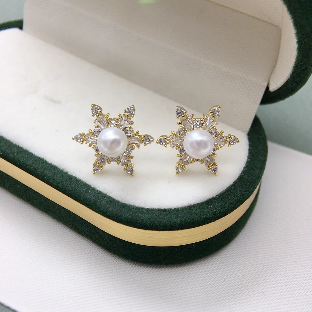 Radiant Gold-Plated Snowflake Baguette Pearl Stud Earrings