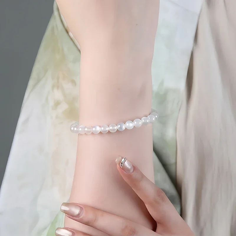 Luminous Polished Round White Bead Crystal Bracelet