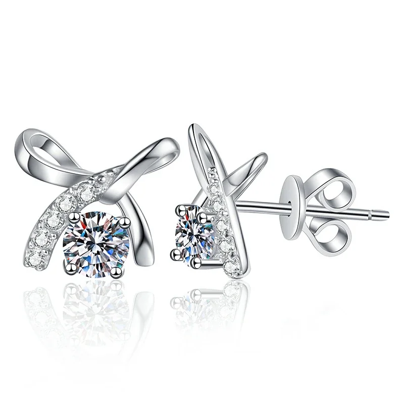 Bow Knot 925 Sterling Silver Six-Prong Moissanite Stud Earrings
