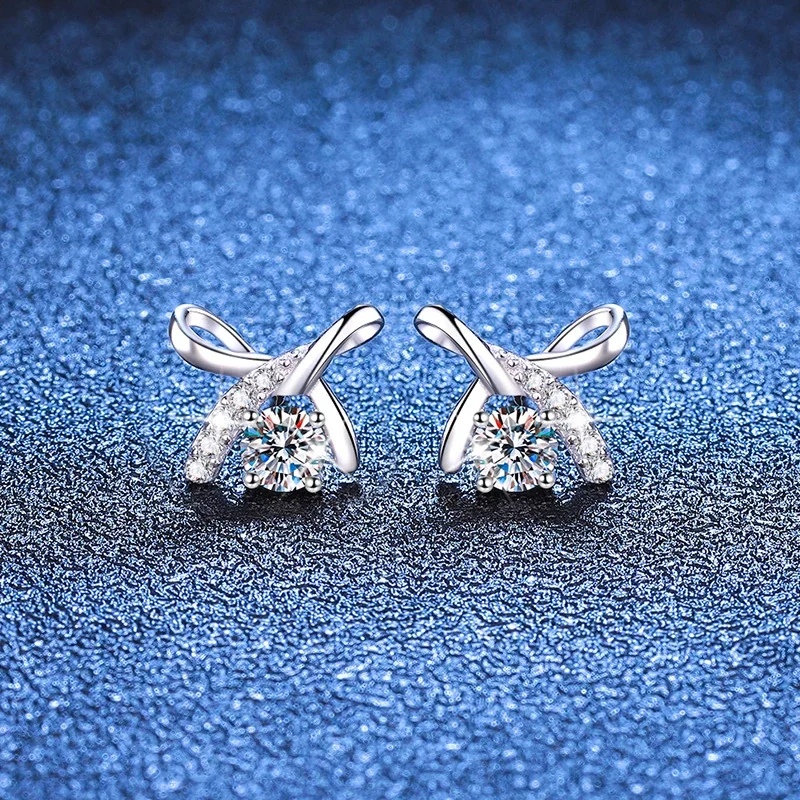 Bow Knot 925 Sterling Silver Six-Prong Moissanite Stud Earrings