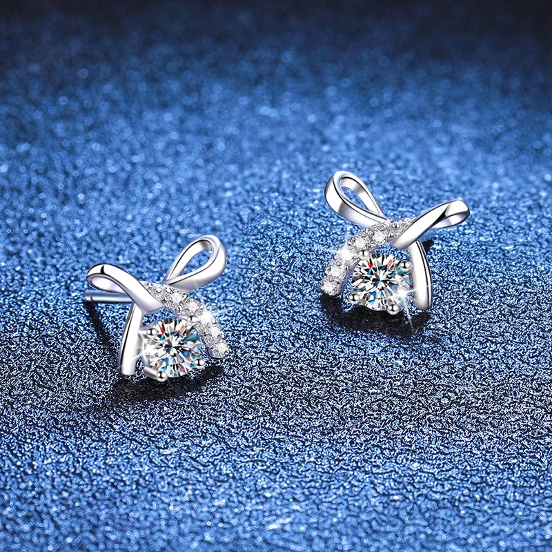 Bow Knot 925 Sterling Silver Six-Prong Moissanite Stud Earrings