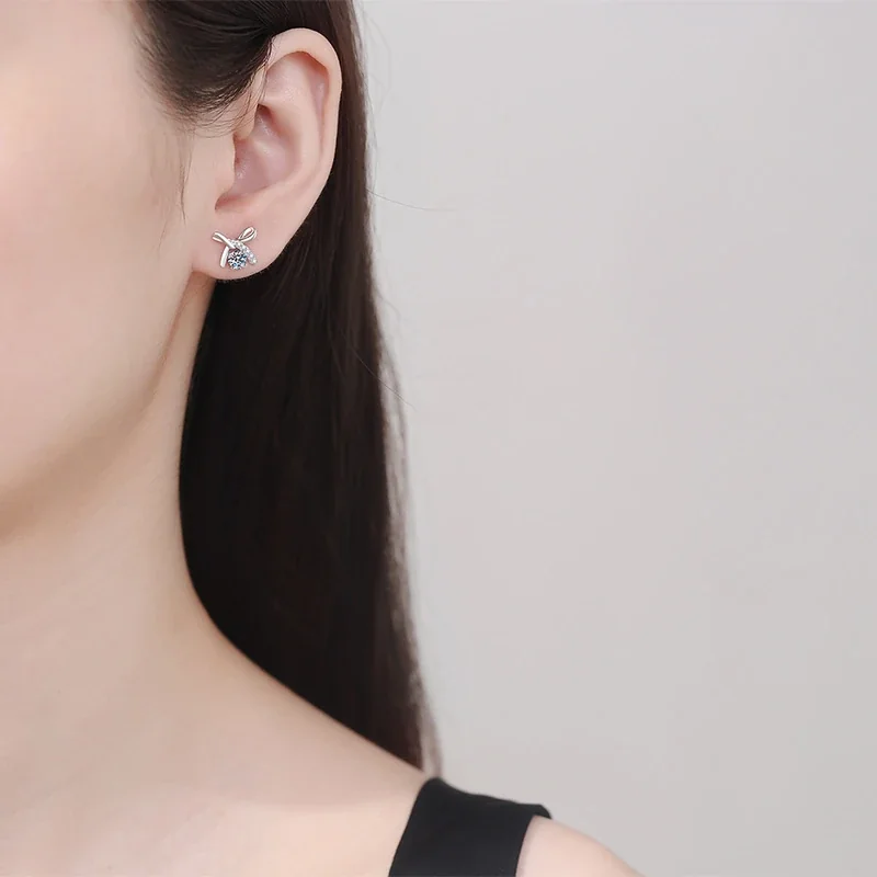 Bow Knot 925 Sterling Silver Six-Prong Moissanite Stud Earrings
