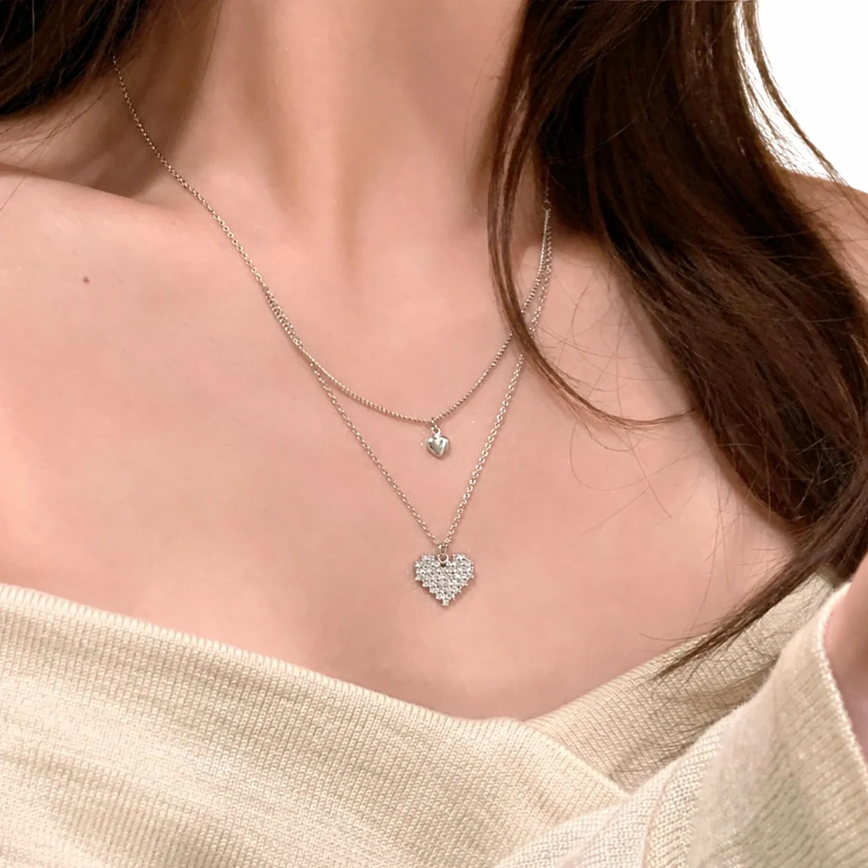 Dainty 925 Sterling Silver Double Heart Pave Stone Necklace
