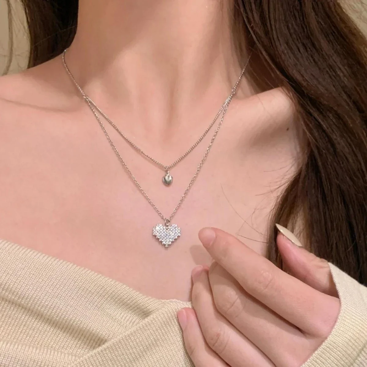 Dainty 925 Sterling Silver Double Heart Pave Crystal Necklace