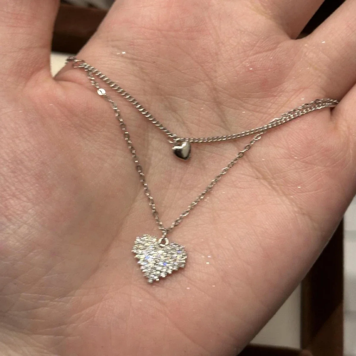 Dainty 925 Sterling Silver Double Heart Pave Crystal Necklace