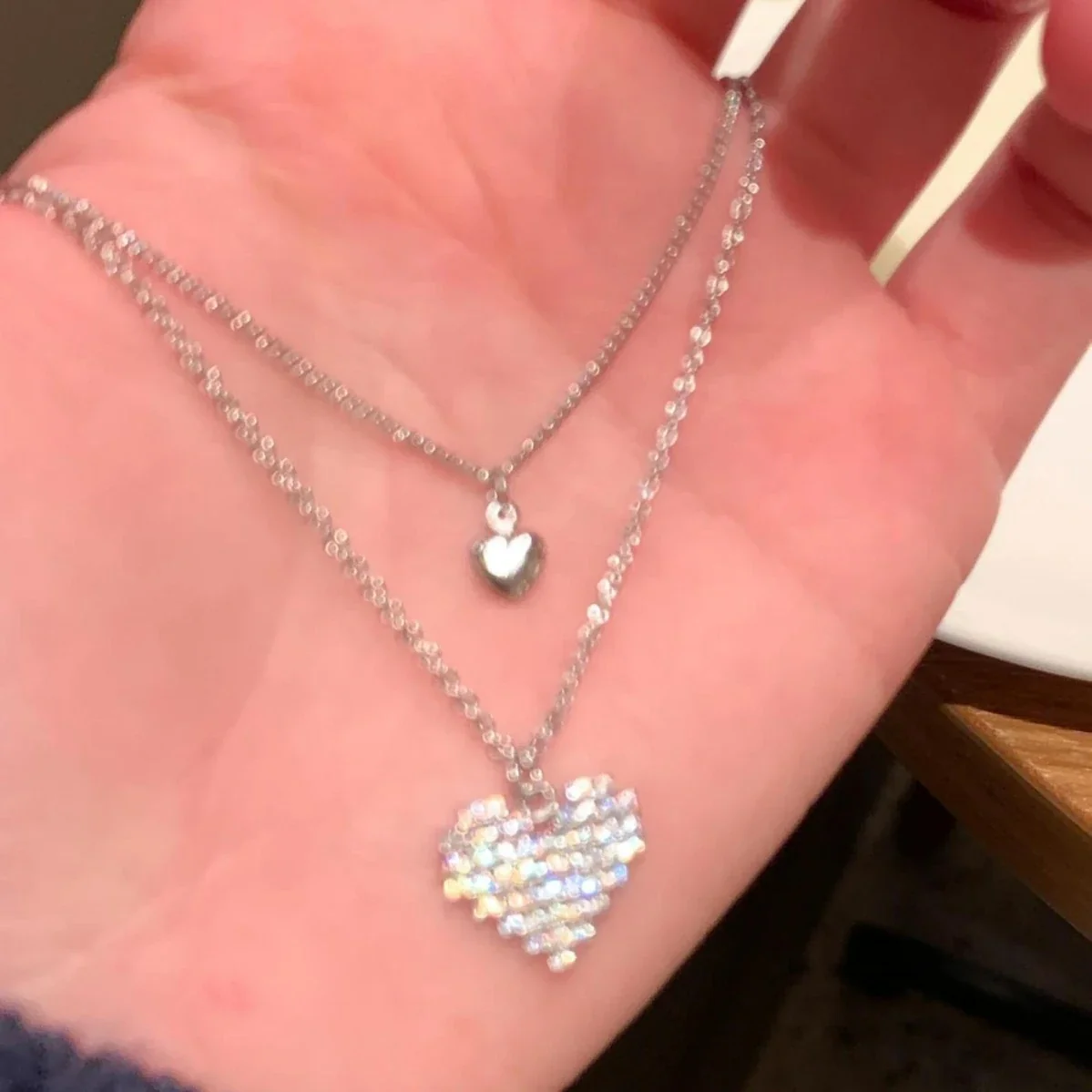 Dainty 925 Sterling Silver Double Heart Pave Crystal Necklace