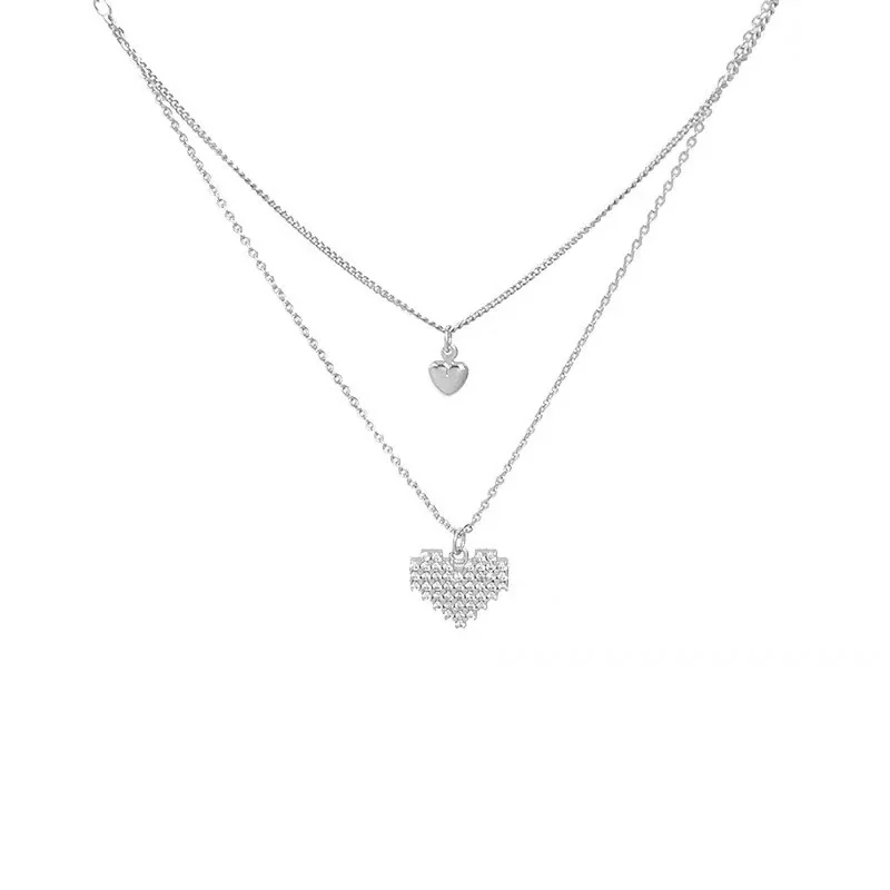 Dainty 925 Sterling Silver Double Heart Pave Crystal Necklace
