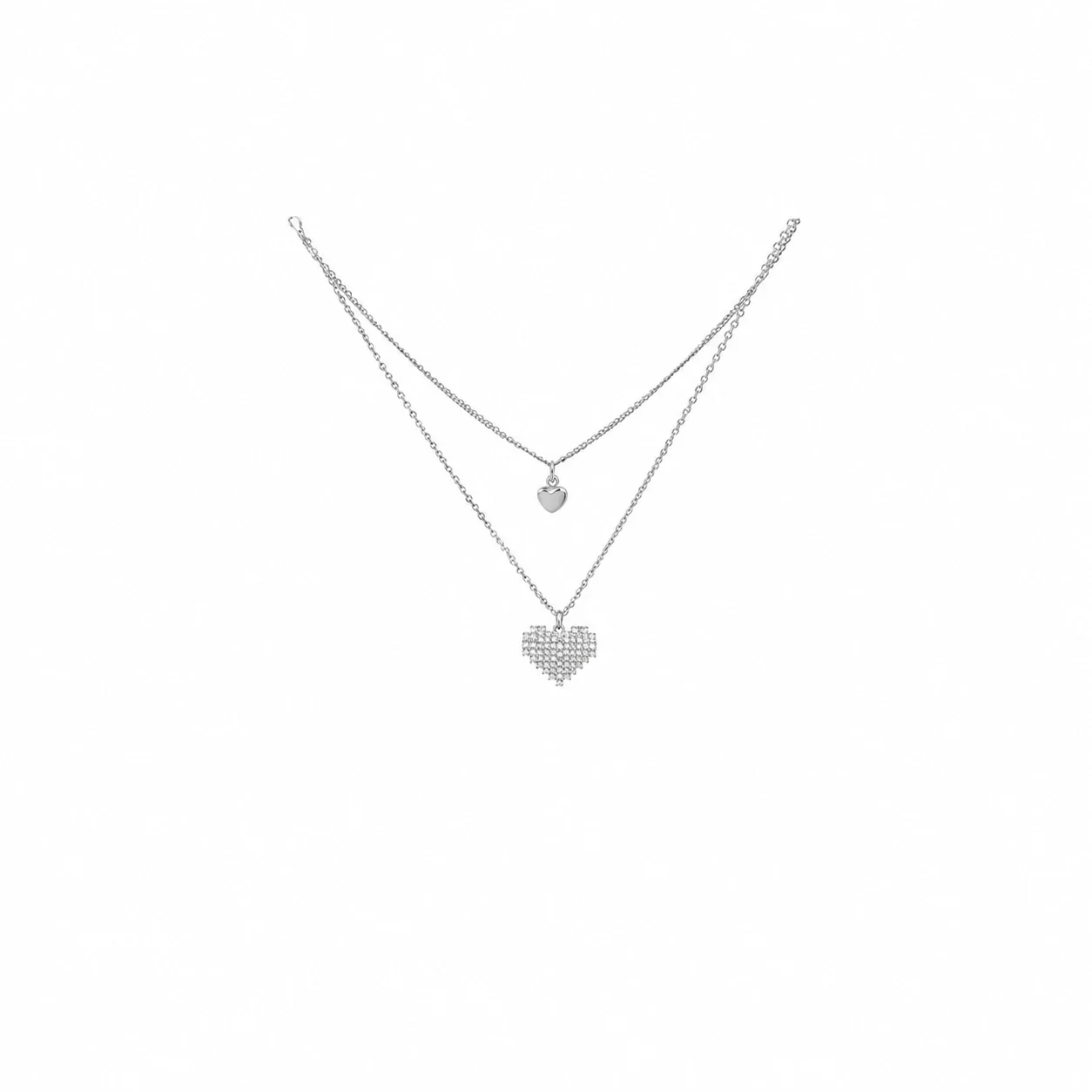 Dainty 925 Sterling Silver Double Heart Pave Crystal Necklace - Silver with PE Box